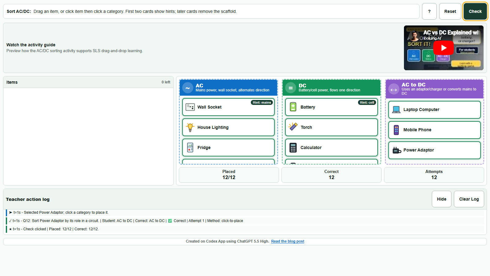 AC/DC sorting activity screenshot